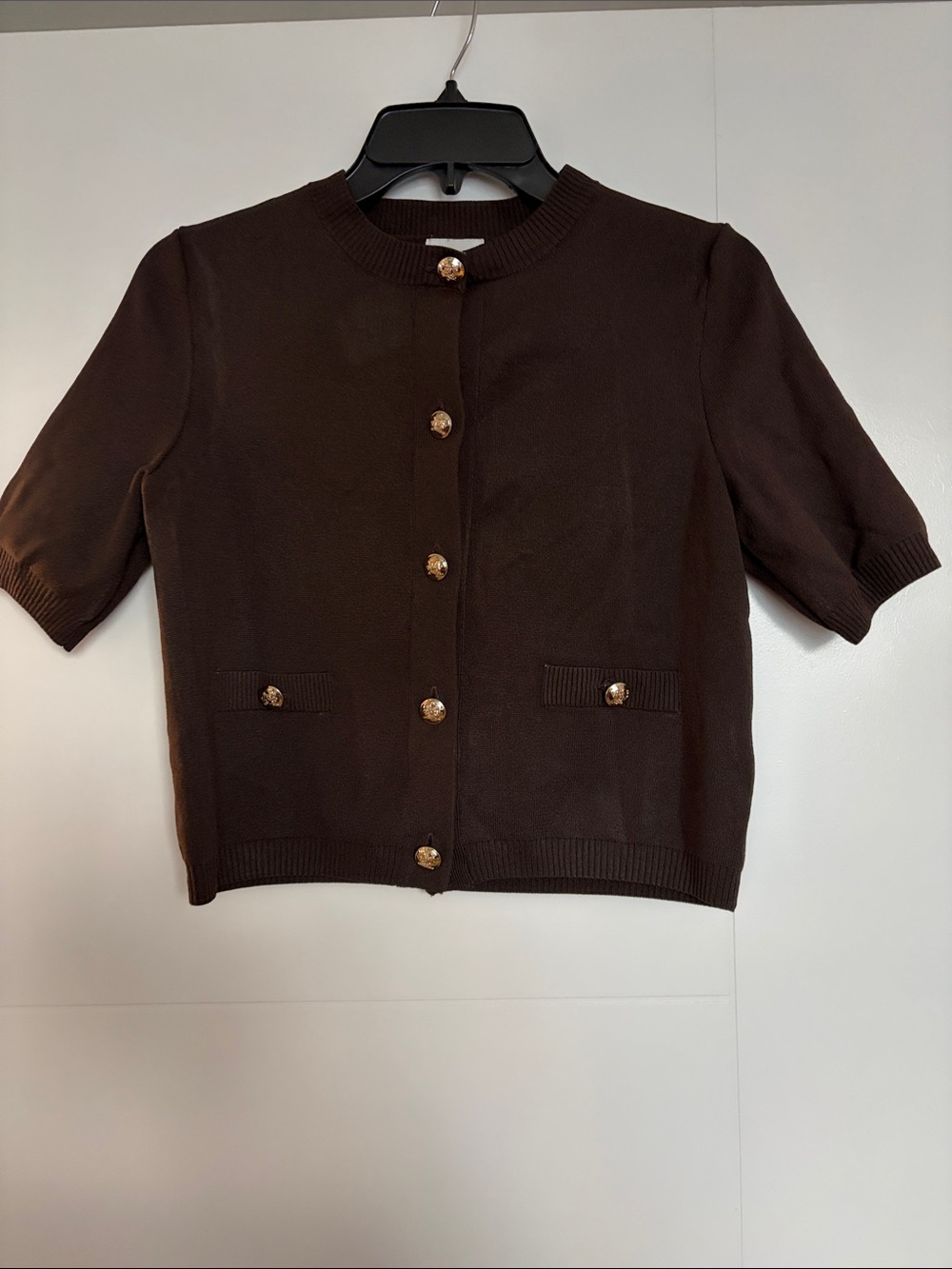 H&M Chocolate Brown Short-Sleeve Knit Cardigan with Gold Button